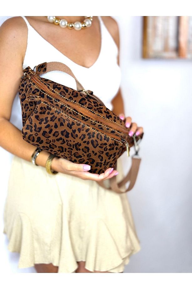 %100 Gerçek Süet Deri El Yapımı Leopar Desenli Kadın Taba Rengi Bel Çantası Iki Gözlü Freebag - 4