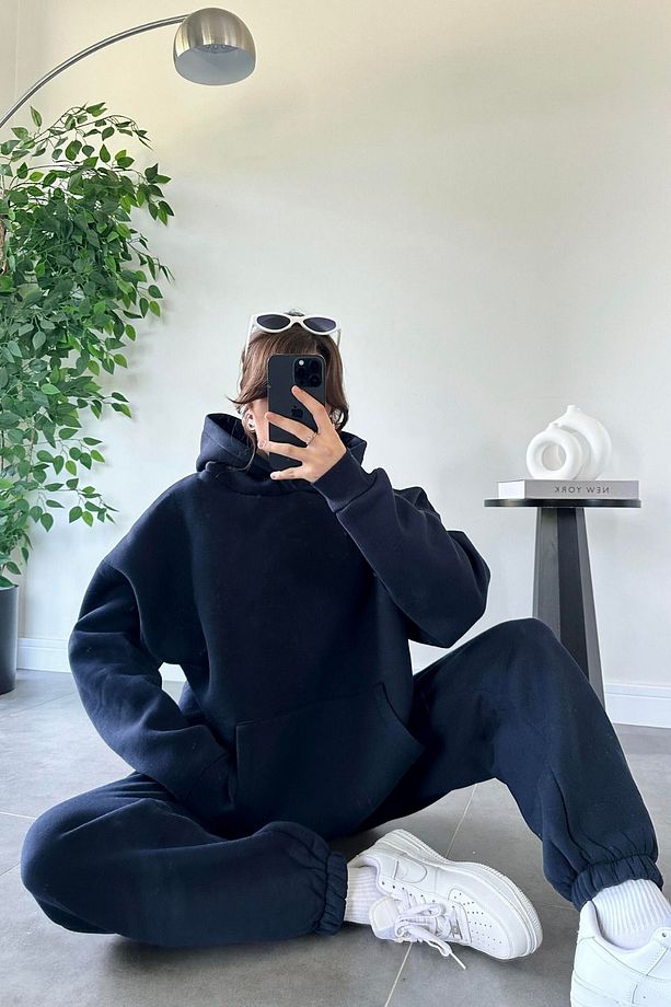 Kadın Oversize Trend  Model Kanguru Cep Kapşonlu Sweatshirt Eşofman Takımı - 4