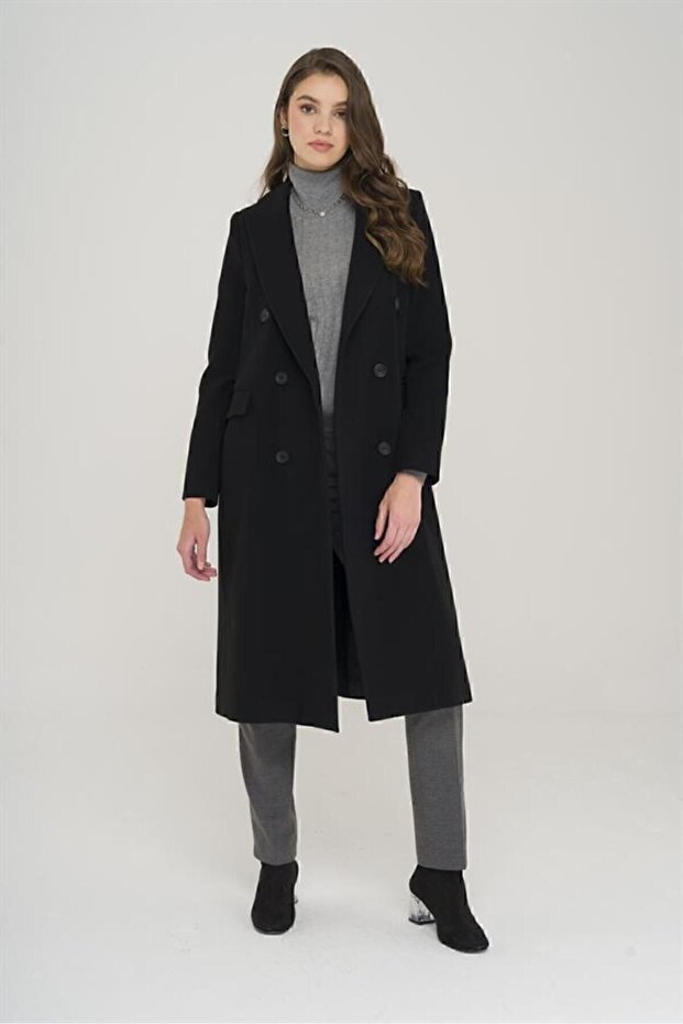 Jacket Collar Medium Length Double Breasted Coat BLACK 3910