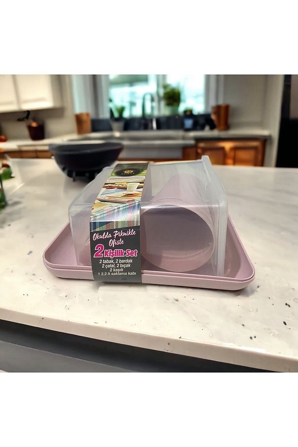 Piknik Seti 2 Kişilik 11 Parça - Tabak Çatal Kaşık Bıçak Bardak Ve 2,2 Lt Saklama Kabı - Pembe - 1