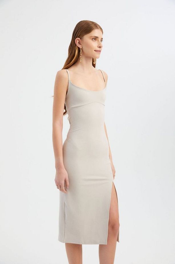 Yandan Yırtmaçlı İp Askılı V Yakalı Midi Bodycon Kıyafet - 3