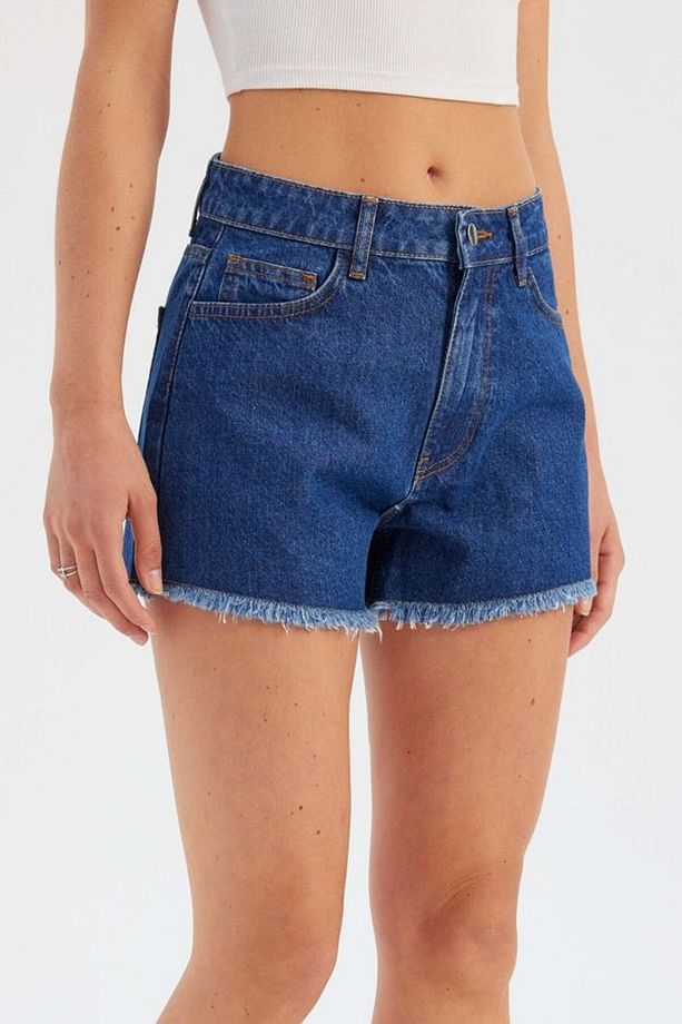 Koyu Renk Yüksek Bel Denim Şort - 2