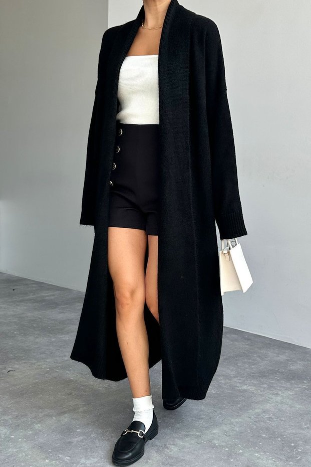 Women's Black Shawl Collar Long Knitwear Cardigan