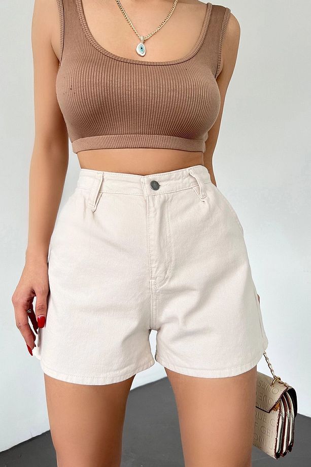 Kadın Krem Çift Cepli Pileli Mini Denim Şort Bcdf-233302 - 2