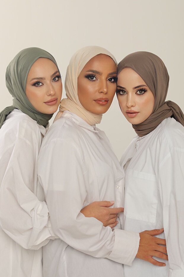 3-Piece Advantage Set (bark-sage-cream) Luxury Combed Cotton Shawl - Women's Hijab Jersey Hijab