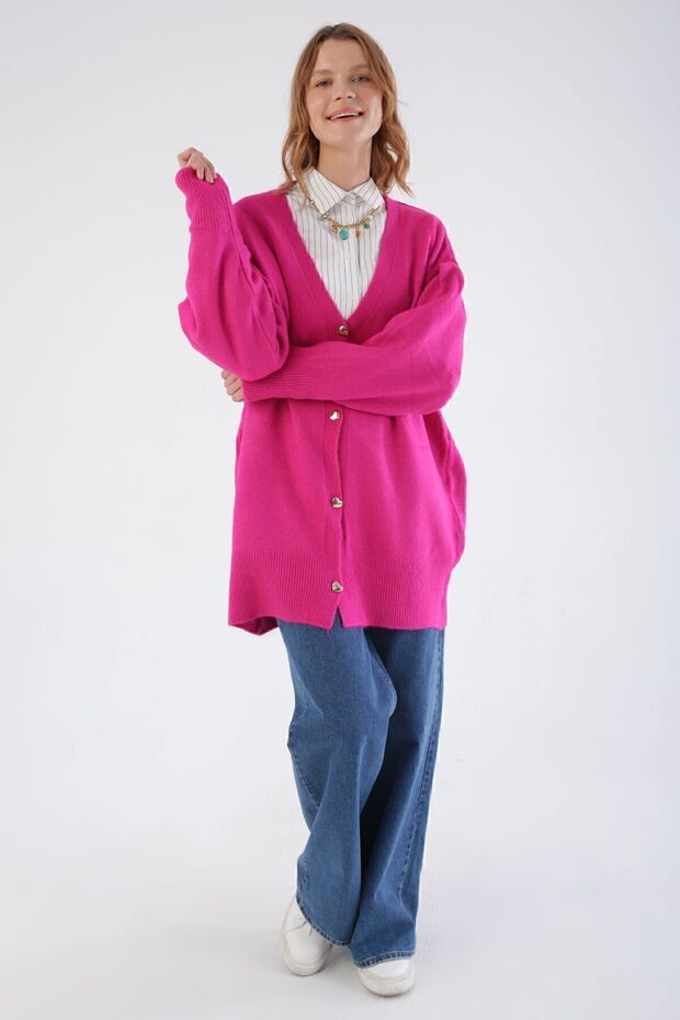 Fuchsia V-Neck Heart Buttoned Knitted Cardigan