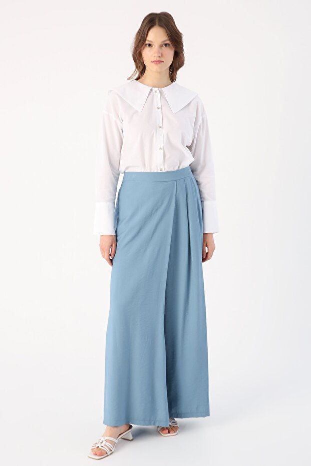 Mavi Beli Lastikli Önü Pileli Bol Paça Pantolon - 2