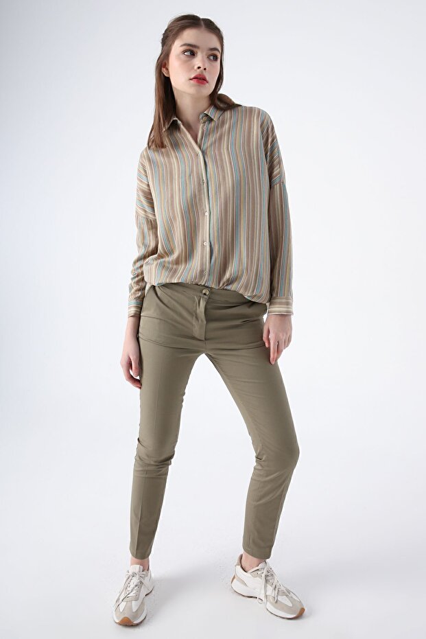 Khaki Cotton Iron-on Trace Pocket Lycra Skinny Leg Trousers