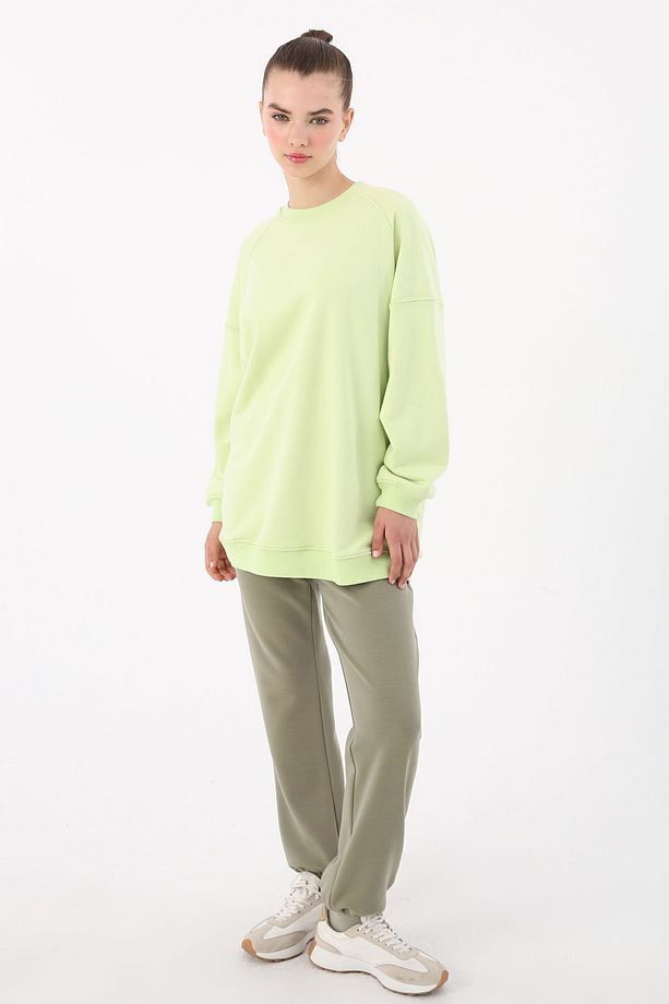 Açık Yeşil-3 İplik Oversize Basic Sweatshirt - 5