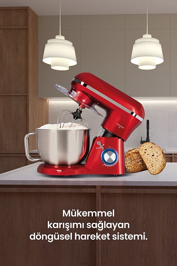 Red 5.5 Liter 10 Level Impact Mixer - Speed Adjustable Whisk and Mixing Kneading Stand - 5
