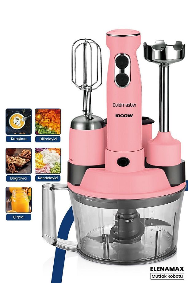 Elenamax Pembe 1000 Watt Hız Ayarlı %100 Bakır Motor 5 In 1 Mutfak Robotu Multi Blender Seti - 1