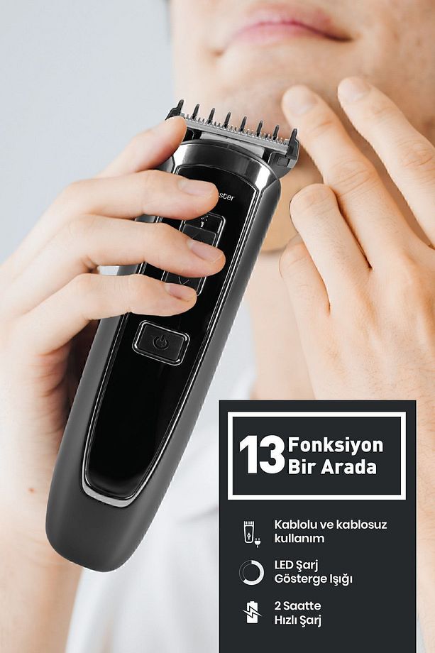 Axel 13in1 Hızlı Şarj Özellikli Kablolu Kablosuz Paslanmaz Çelik 21 Kademeli Erkek Bakım Seti - 3
