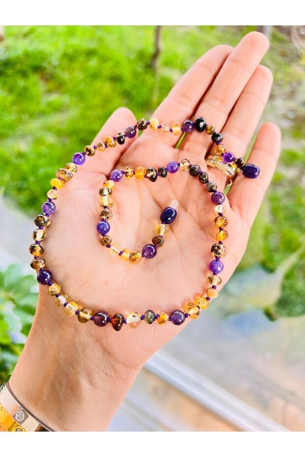 Drop Amber Adult Necklace with Amethyst Design
