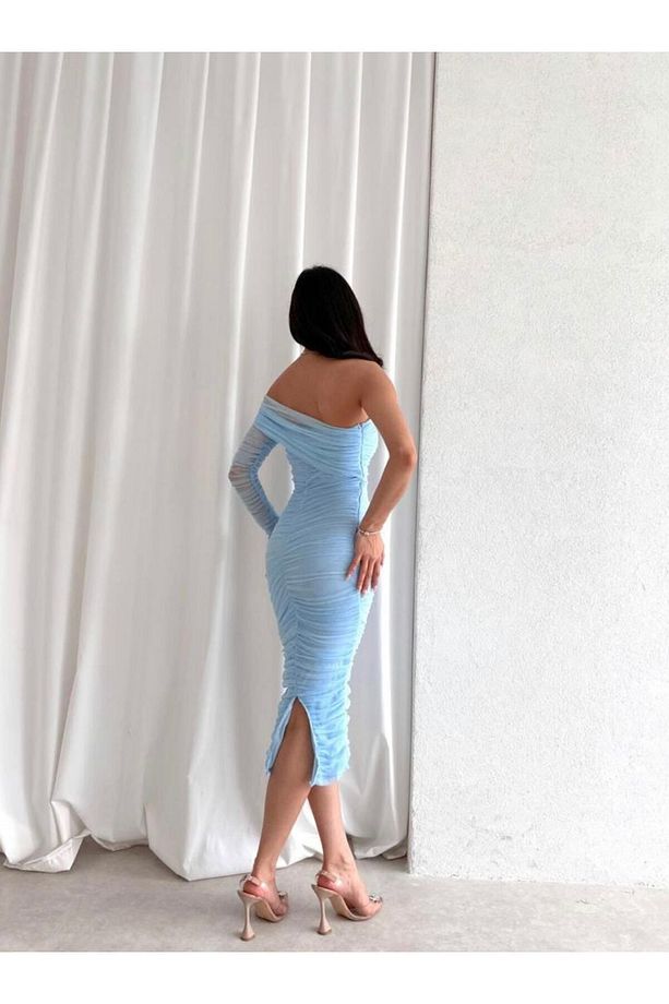 Bebe Mavisi Tek Omuz Tül Drapeli Midi Boy Elbise - 3