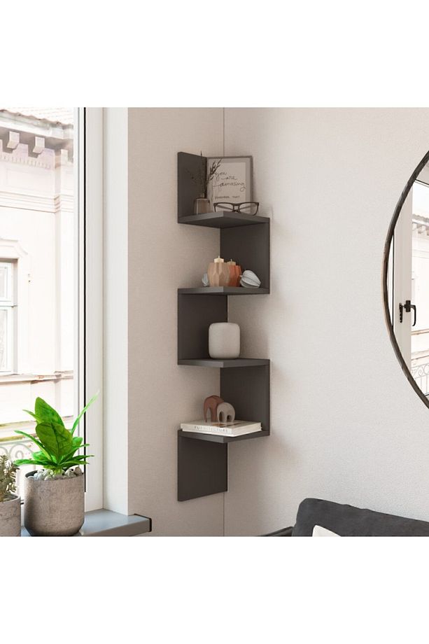 Shelf R9 Köşe Duvar Rafı Modern Kitaplık Antrasit - 1
