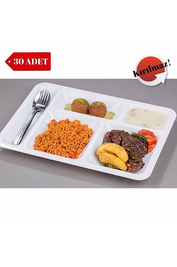 30 Adet Kırılmaz Tabldot Tabak, Self Servis, Yemekhane, Okul, 5 Bölmeli, Tabilot, Tabildot, Lokanta - 5