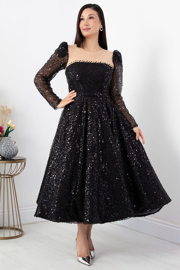 Göğüs Tül Detay Pulpayet Tül Elbise ECR5809 - 5