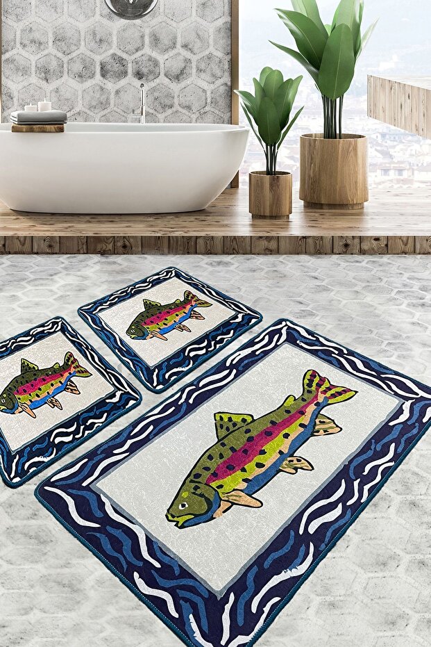 Pescado Bathroom Rug Set of 3, Non-Slip Base, Washable