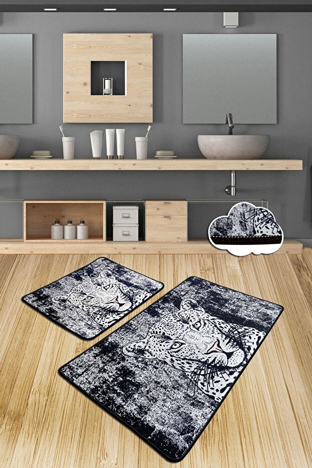 Tiger Set of 2 Bathroom Carpet Mat Washable Non-Slip Base Toilet Seat Set