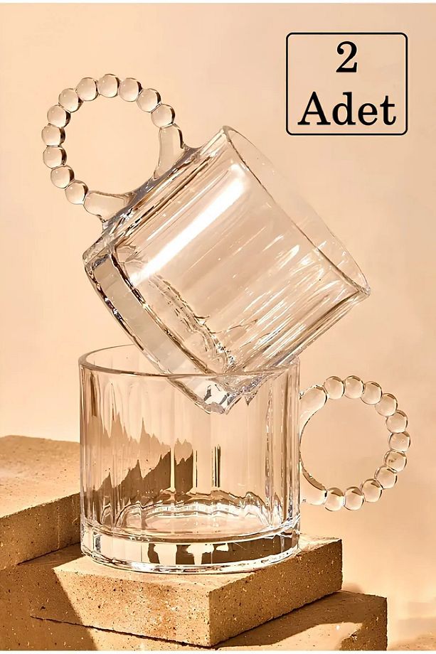 2 Adet Cam Boncuk Kulplu Bardak Kupa Çay Kahve Meşrubat Bardağı 250ml - 1