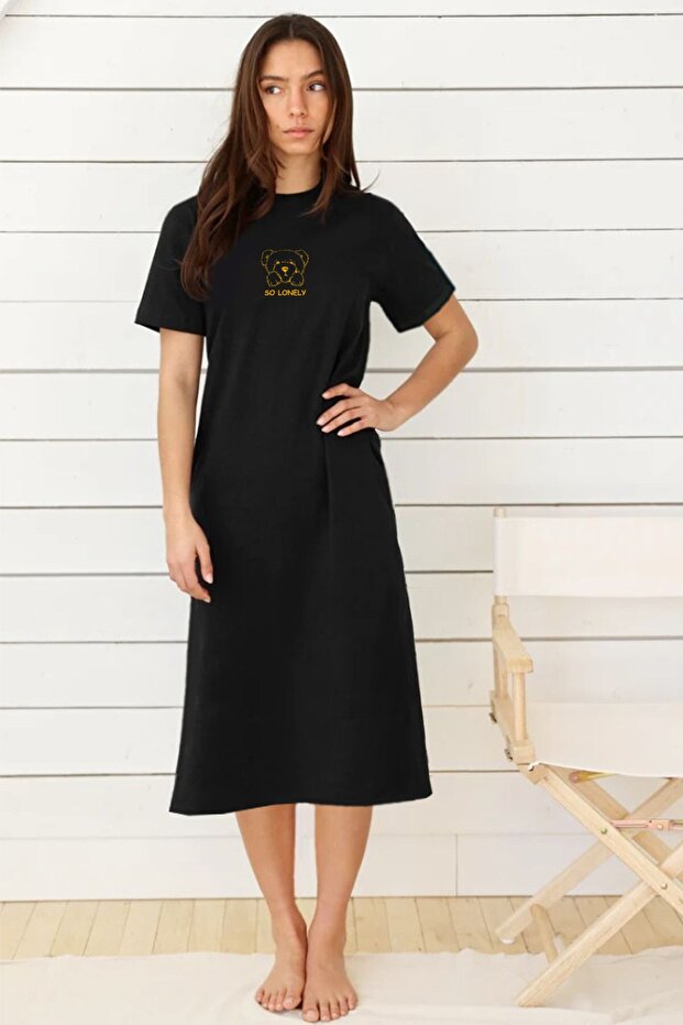 Lone Teddy Black Crew Neck Short Sleeve Combed Cotton Long Dress