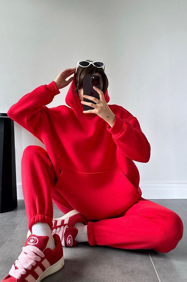 Kadın Oversize Trend  Model Kanguru Cep Kapşonlu Sweatshirt Eşofman Takımı - 3