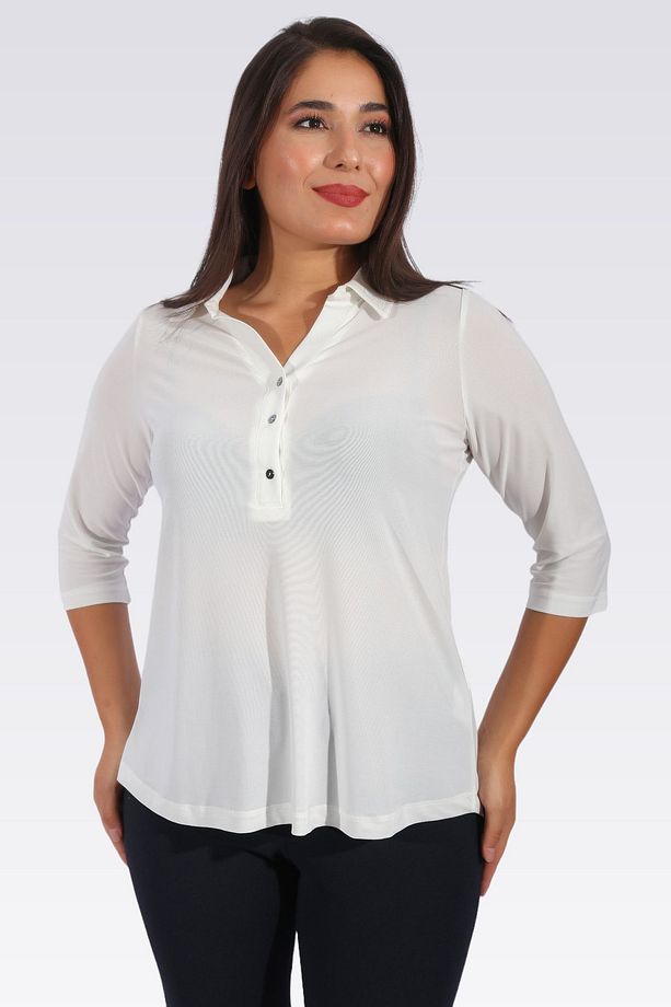 10395 EKRU POLO YAKA TRUVAKAR KOL ÖRME BLUZ - 1