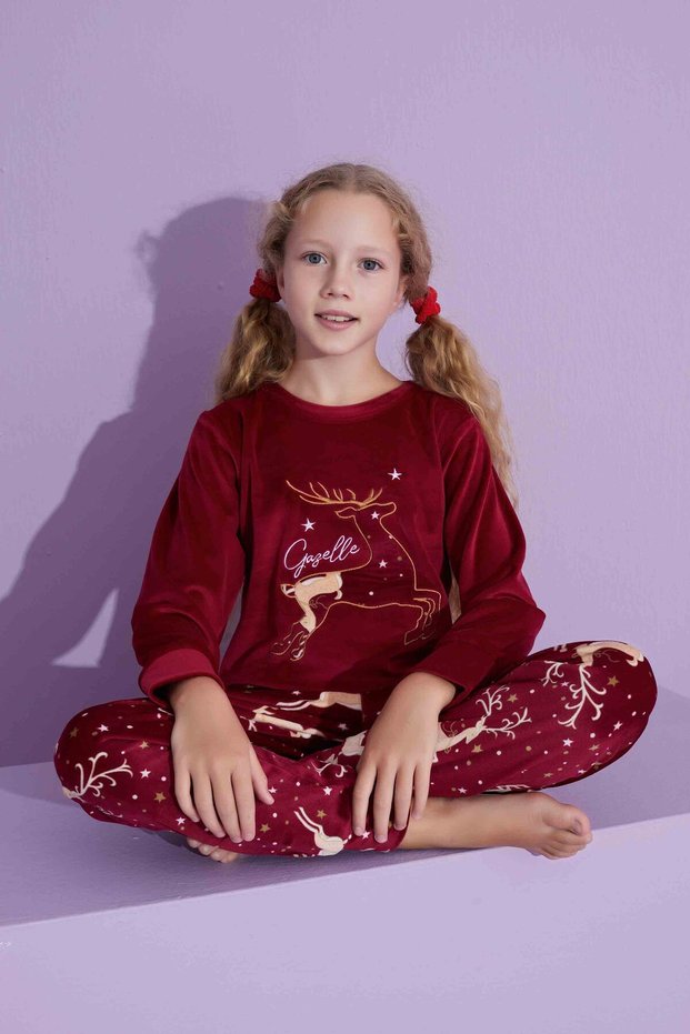 Girl, Young People and Children Deer Patterned Long Sleeve French Velvet Fabric Winter Warm Pajama Set 277