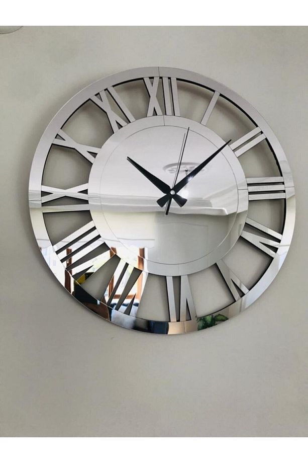 Modern Dekoratif Gümüş Aynalı Plexiglass Duvar Saati, 2 Adet Kum Saati Tasarım Tablo 3 Parça Set - 3
