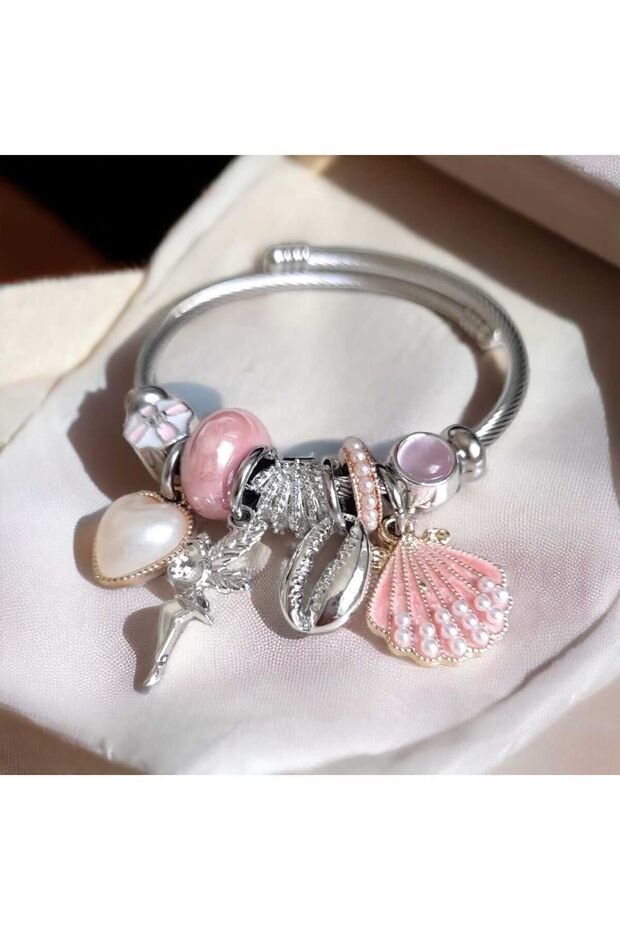 Pink Seashell Cross Bracelet Silver
