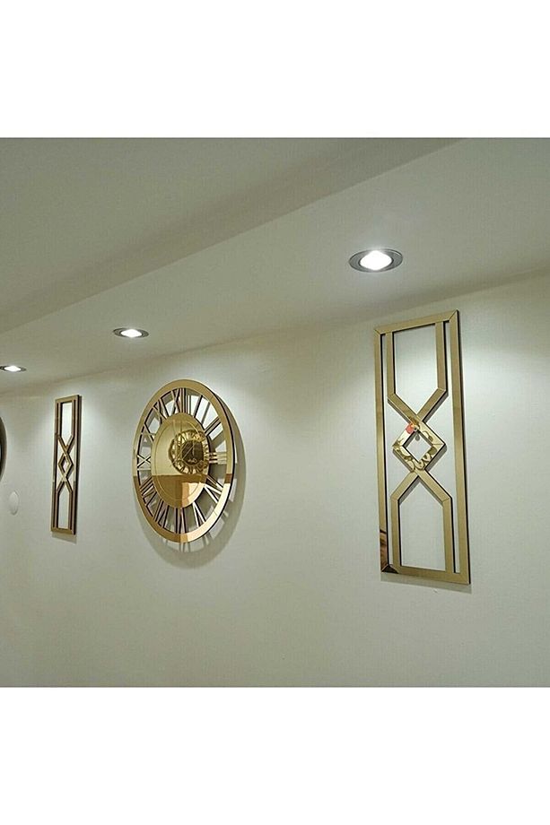 Modern Dekoratif Gold Aynalı Plexiglass Duvar Saati, 2 Adet Kum Saati Tasarım Tablo 3 Parça Set - 3