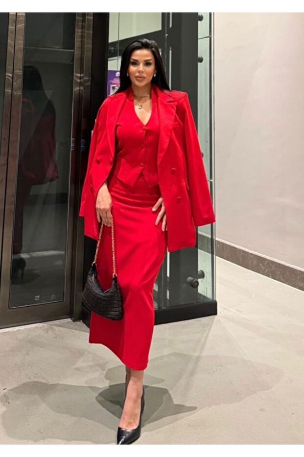 Women's Jacket Vest Skirt Set Red