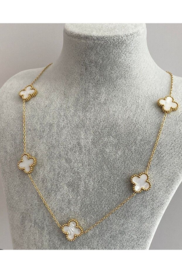 Beyaz sedef yonca çelik kolye - 1