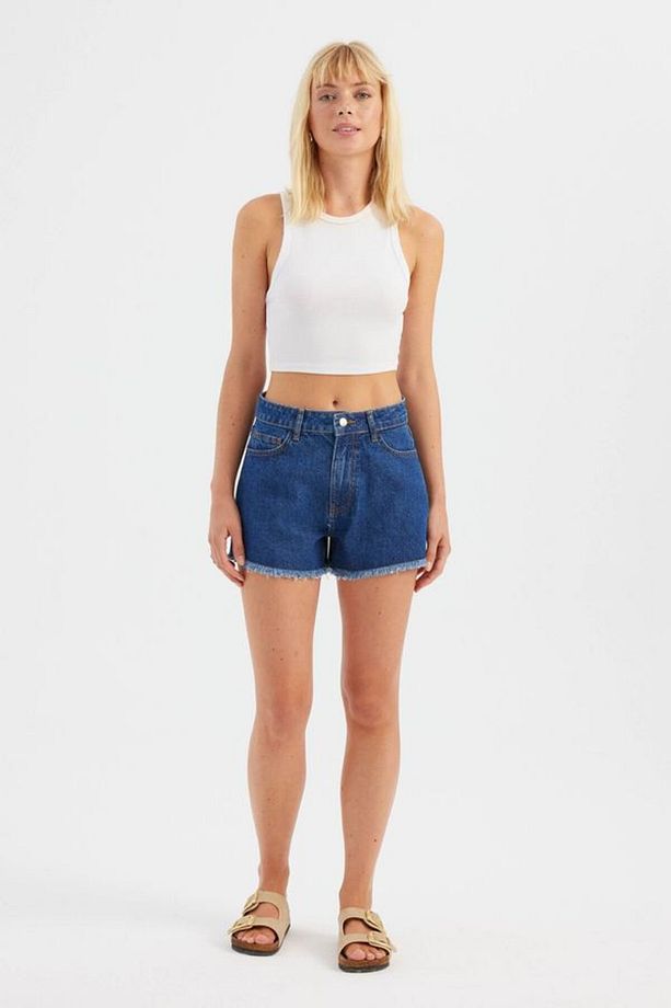 Koyu Renk Yüksek Bel Denim Şort - 1