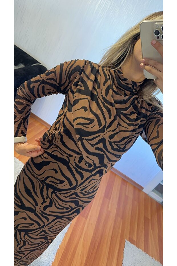 Kahve Siyah Zebra Desen Tül Elbise - 2