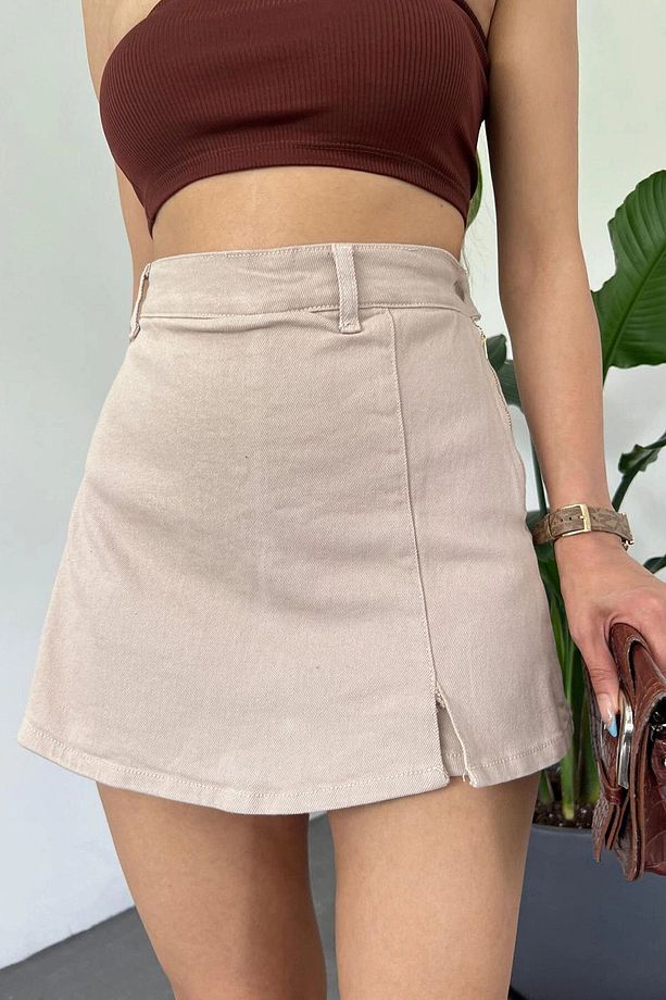 Kadın Bej Yırtmaç Detaylı Denim Şort Etek Bcdf-243309 - 4
