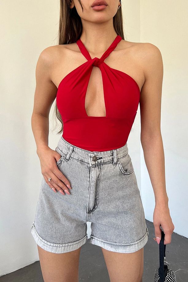 Kadın Gri Duble Paça Yıkamalı Denim Şort Bcdf-233307 - 5