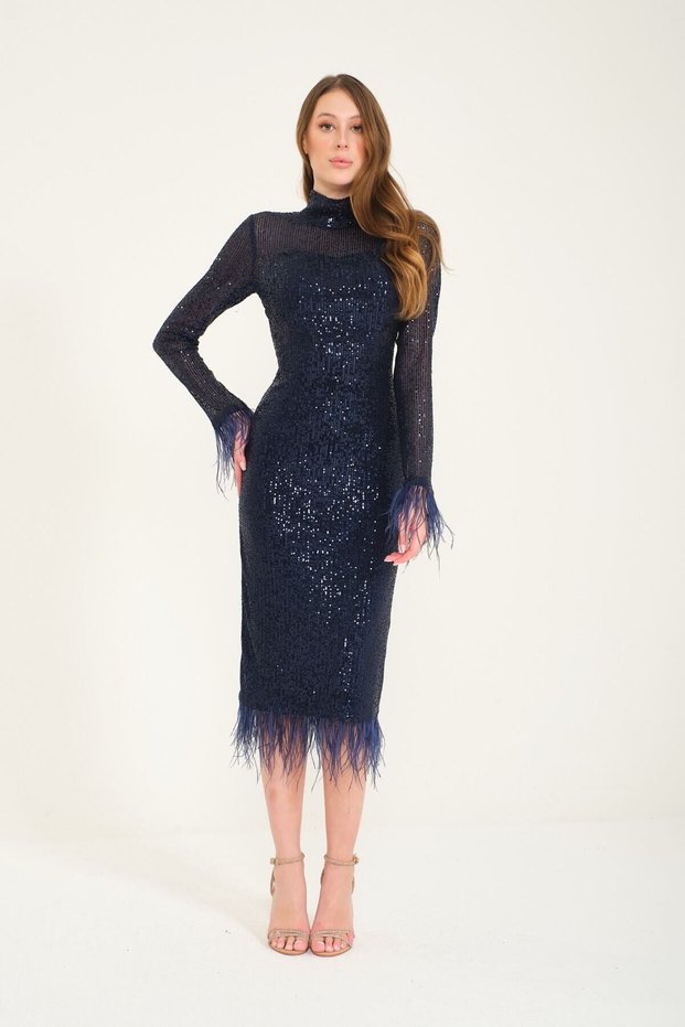 Engagement Dress Promise Dress Evening Dress Navy Blue Sequin Midi Length Feather Detailed Dress