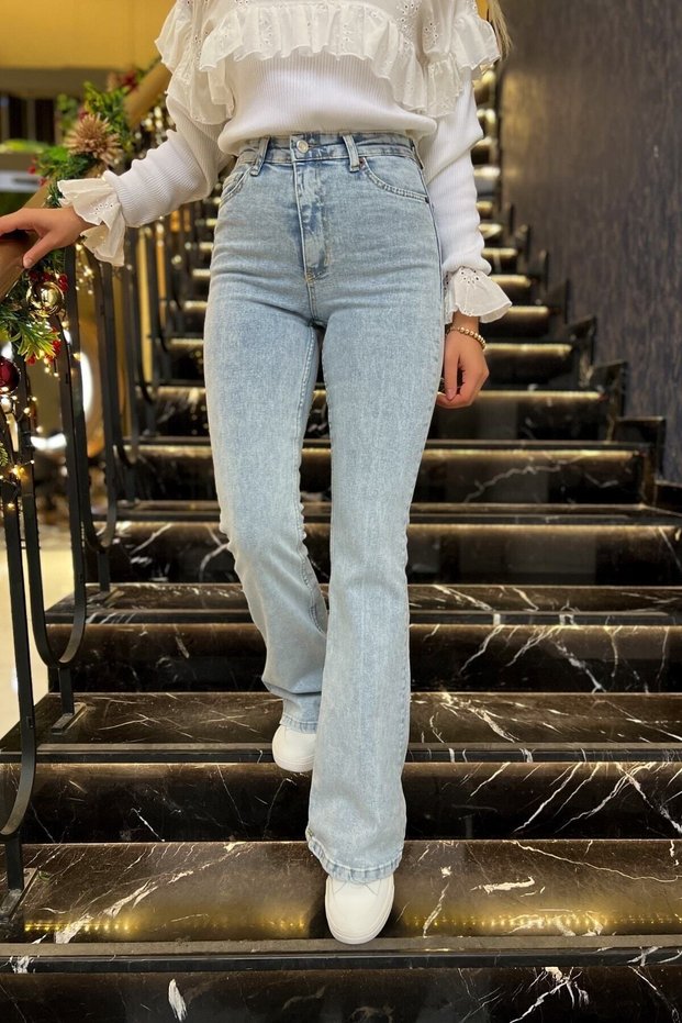 Miya Spanish Blue Snow Wash Flared Leg Denim Trousers High Waist Jeans Gathering (Extra Comfortable)