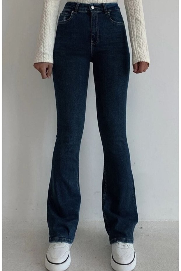 Flared Leg Jeans Not Fade Dark Blue Flared Jeans High Waist Denim Trousers