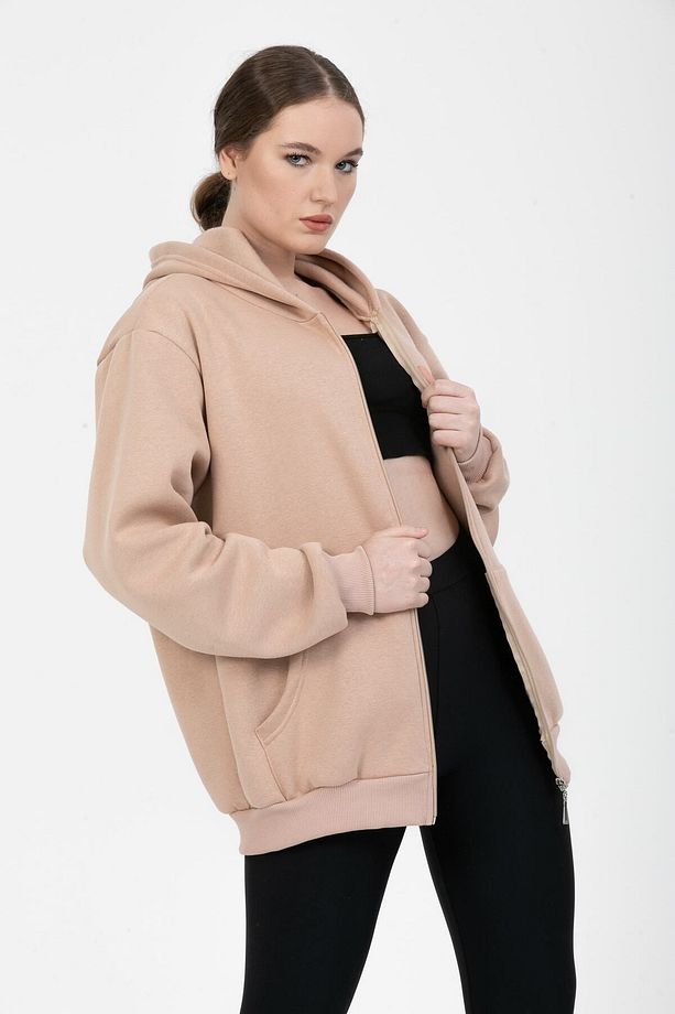 Unisex Soft Camel Oversize Kanguru Cep Detaylı Fermuarlı Sweat - 7