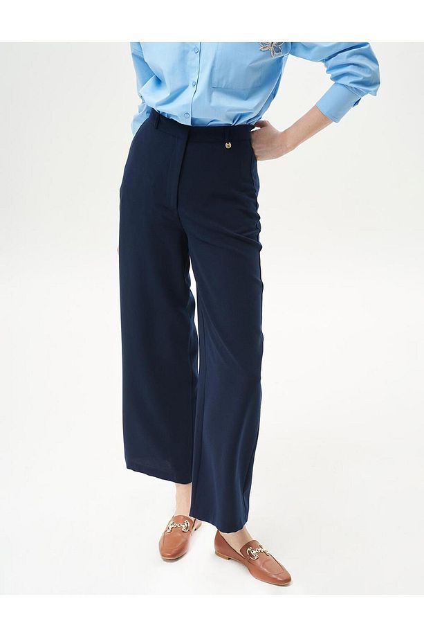 Basic Geniş Paça Krep Pantolon Lacivert - 6