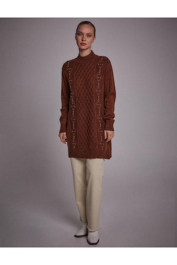 Taşlı Triko Tunik Kahve - 1