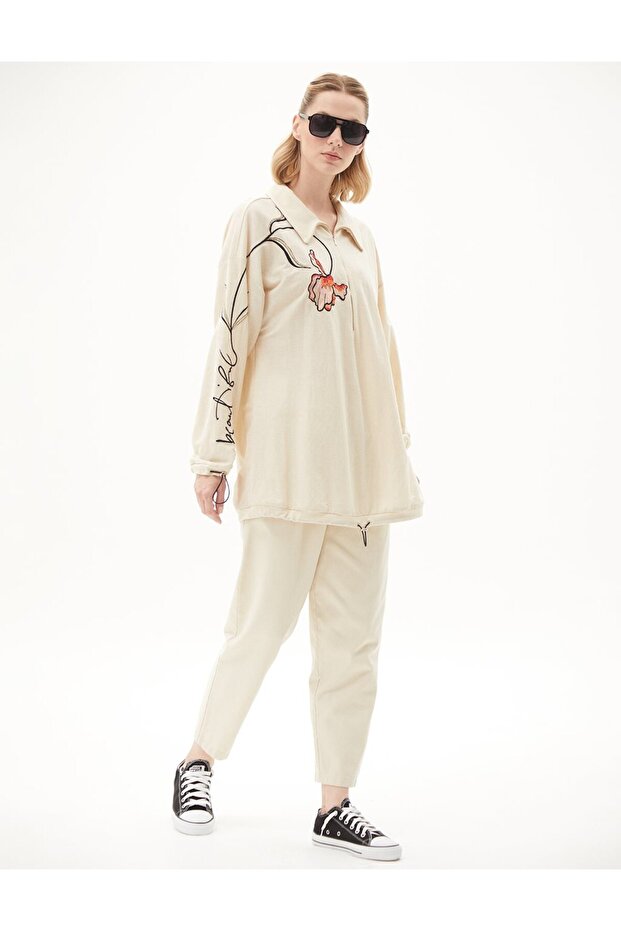Nakışlı Sweatshirt Krem - 2