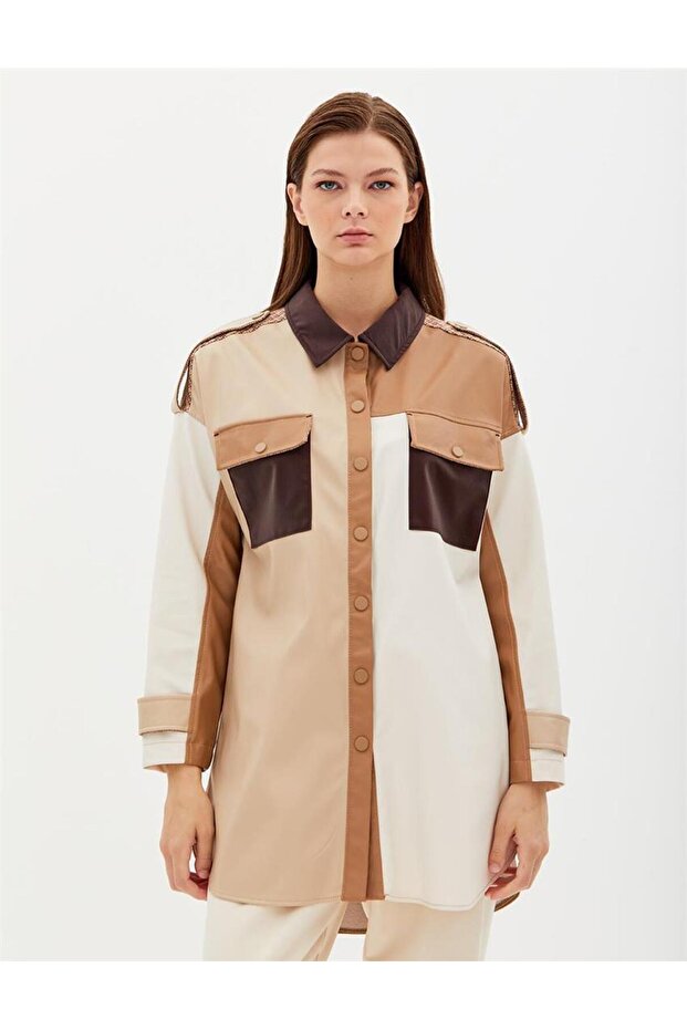 Beige Tunic - Colorful and Faux Leather Snap Fasteners
