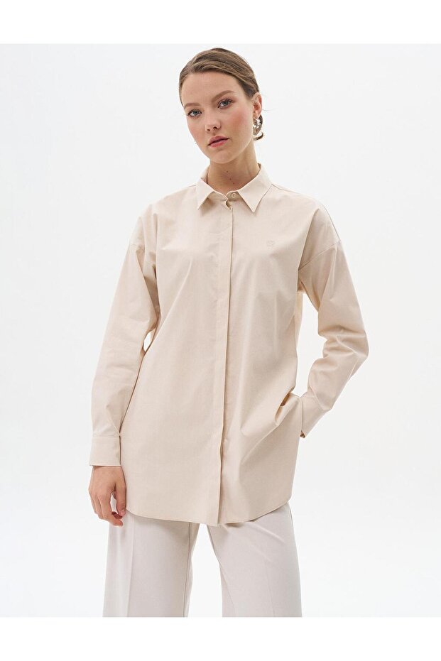 Gömlek Yaka Basic Poplin Tunik Krem - 5
