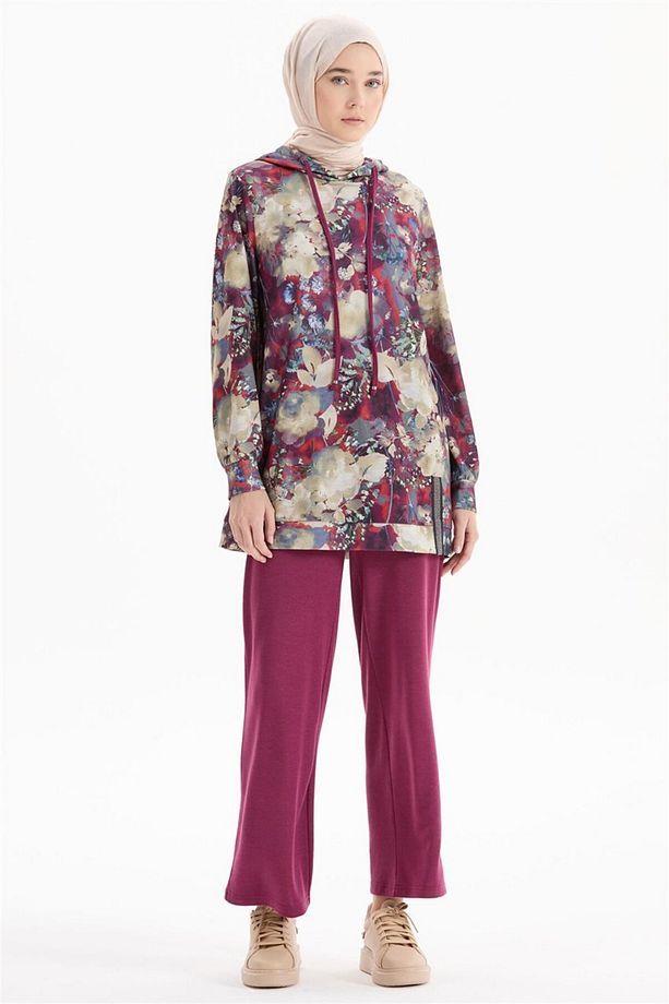 Kapüşonlu Desenli Tunik-pantolon Mürdüm Örme Takım - 2