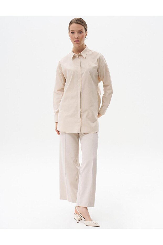 Gömlek Yaka Basic Poplin Tunik Krem - 1