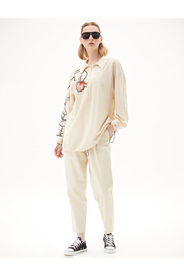 Nakışlı Sweatshirt Krem - 4