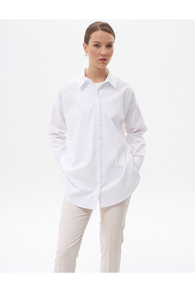 Gömlek Yaka Basic Poplin Tunik Optik Beyaz - 4